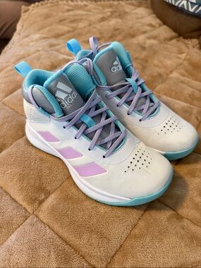 adidas Kids White Sneakers with Light Purple & Aqua Accents